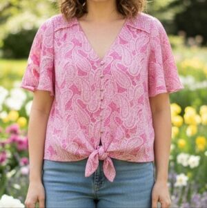 Michael Kors Pink Top Tie Waist Paisley Print Blouse Flutter Sleeves Feminine